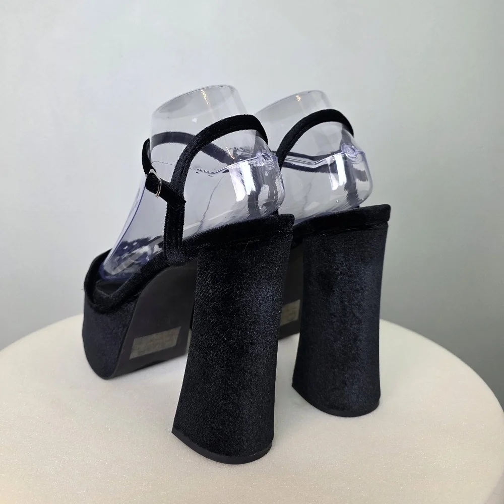 Lulus Serenitie Black Velvet Platform High Heel Chunky Bold Sandals, Size 7.5